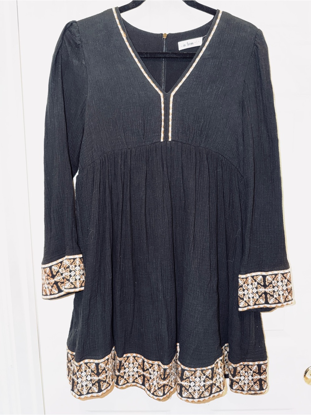 Black Embroidered Long-Sleeve Tunic Dress